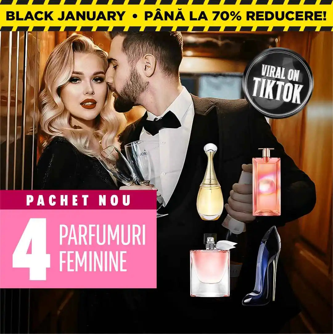Cumpără 1 și primești 4! – Pachet exclusiv de parfumuri premium: Jean Paul Gaultier Scandal, Lancôme Idôle, Lancôme La Nuit Trésor și Carolina Herrera Good Girl (Eau de Parfum, 100 ml fiecare)