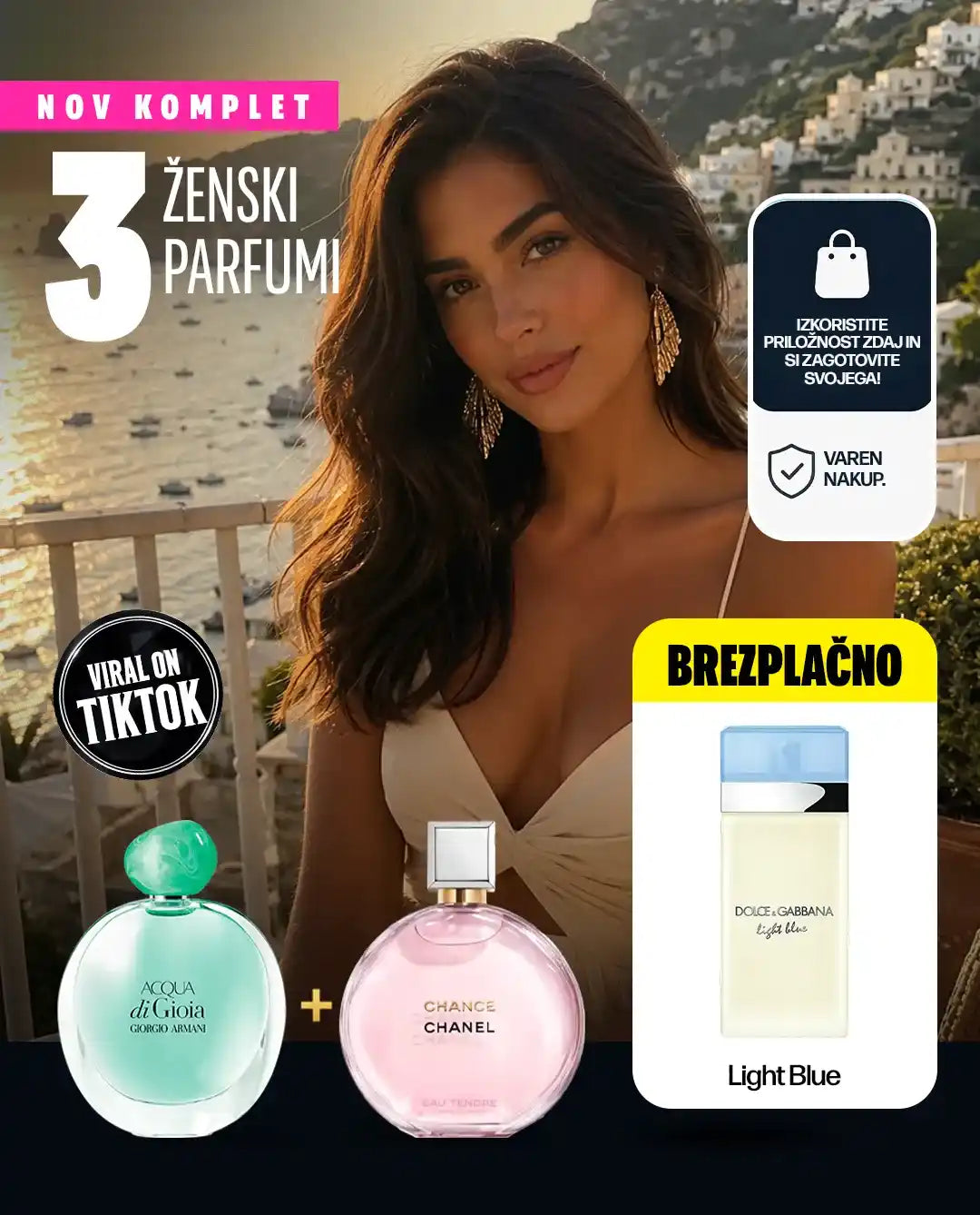 3 VRHUNSKI PARFUMI PO 100 ML ZA CENO 1! Plačajte 1 in prejmite 2 + 1 GRATIS — Chanel Chance Eau Tendre 100 ml + Armani Acqua di Gioia 100 ml + Dolce & Gabbana Light Blue 100 ml GRATIS – parfum poletja